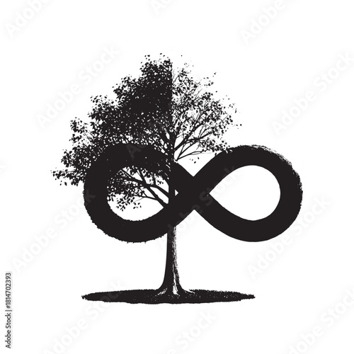 Tree with an infinity-loop trunk stands in stark minimalist silhouette against a white sky.