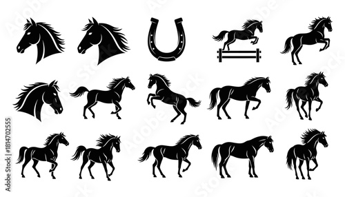 Elegant Horse Silhouettes - A Collection of Equine Illustrations and Horseshoe Icon.