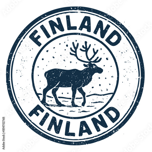 Finland grunge rubber stamp illustration with reindeer in winter snow