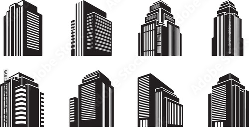 Set of Stylized Black and White Skyscraper Icons building architecture