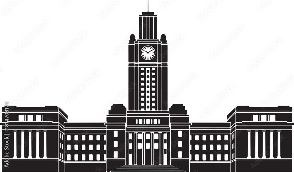 Obraz premium Silhouette of a grand building with a tall clock tower and columns architecture