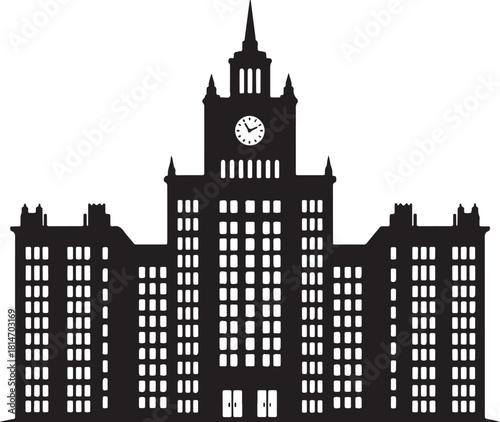 Silhouette of a grand, ornate building with a clock tower and symmetrical wings architecture