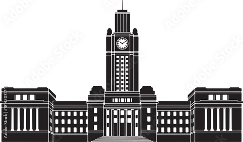 Silhouette of a grand building with a tall clock tower and columns architecture