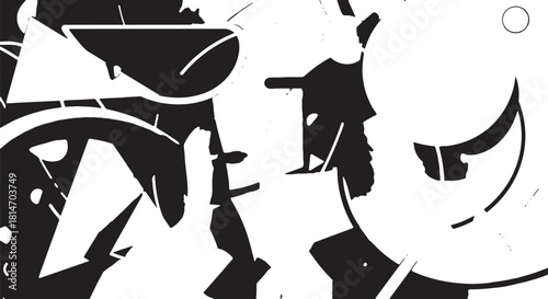 Abstract black and white silhouettes of people in motion with bold geometric shapes.