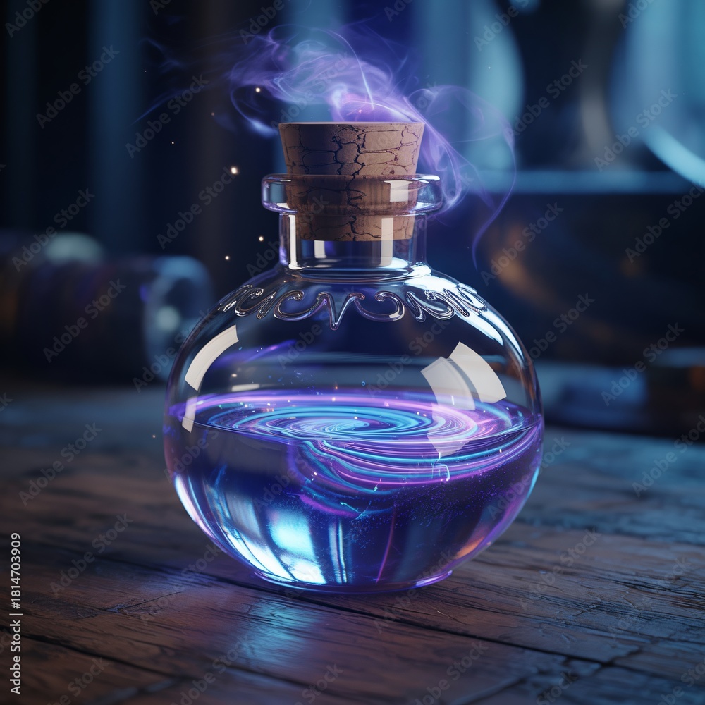 Obraz premium Cinematic fantasy photograph of an ornate glass potion bottle containing a swirling galaxy