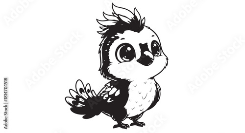 Adorable black and white cartoon chick with fluffy feathers and large eyes in a playful pose.