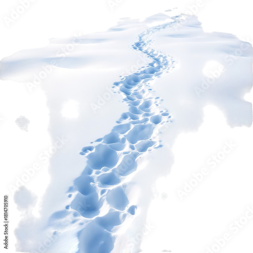 Footprints Walking Away in Deep Snow Isolated on White Winter Path Background and Blue Tones