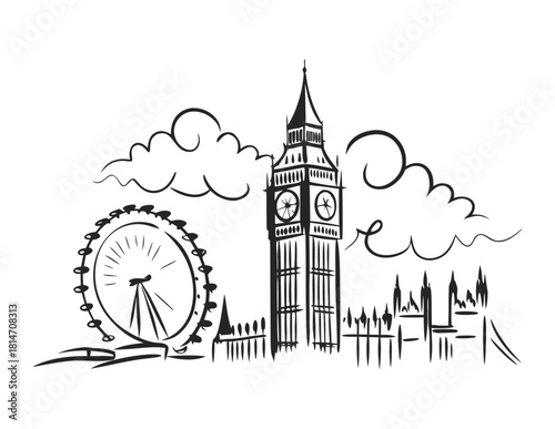 Sketched London Cityscape with Big Ben and Eye Landmarks Illustration