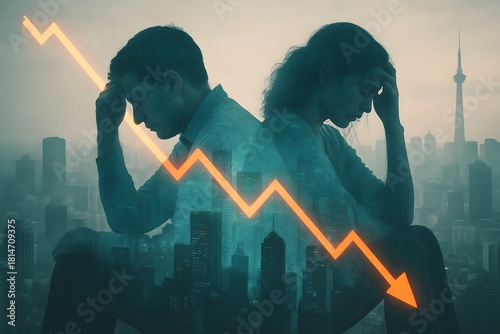 Silhouette couple with downward graph reflecting financial stress