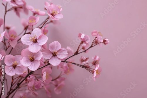 Blooming Pink Cherry Blossoms Create a Delicate Spring Scene on a Soft Pink Background