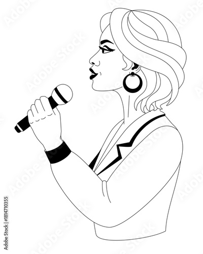Singing girl, woman with a microphone singing - vector illustration. Outline. Woman with a microphone
