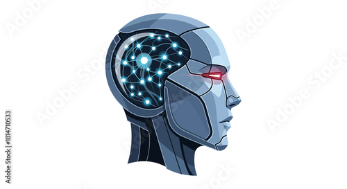 Futuristic AI robot head with glowing neural network, representing artificial intelligence, machine learning, and advanced technology in a modern design