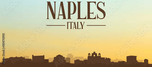 Panoramic poster of the city skyline with misty background buildings, hills sunrise, sunset and clouds of NAPLES, ITALY