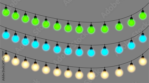 String lights, Christmas decoration lights, Festive lights. Green, cyan and Pale Yellow bulb lights vector.