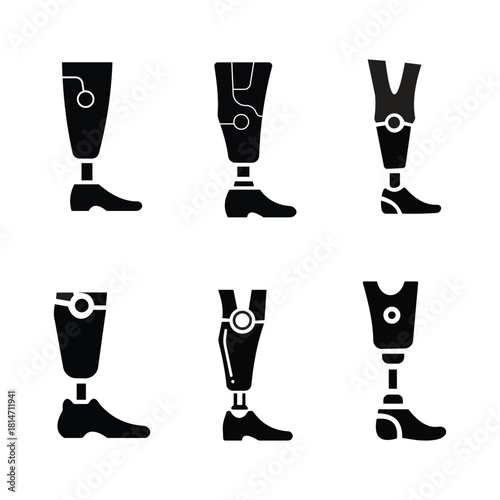 “Collection of Modern Prosthetic Leg Icons – Set of Six Bionic Limb Designs for Rehabilitation, Mobility Aid, Medical and Healthcare Use”