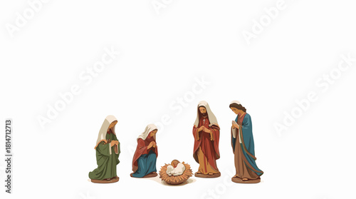 Minimalistic nativity scene figurines arranged around baby Jesus on white background