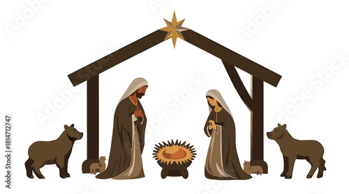 Simplified cartoon nativity scene with holy family and animals in stable