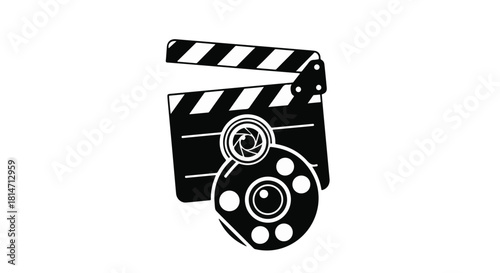 Classic film clapperboard and vintage film reel symbolize cinema and filmmaking.