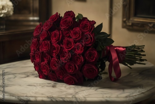 Large red rose bouquet tied with a satin ribbon resting on a classic marble table, representing heartfelt sentiments