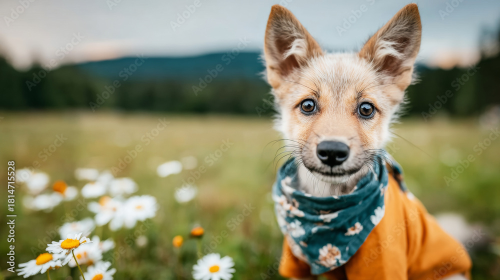 Naklejka premium Cute fox pup in a daisy filled meadow wearing a bandana and shirt, playful and innocent, smiling in sunny spring grass