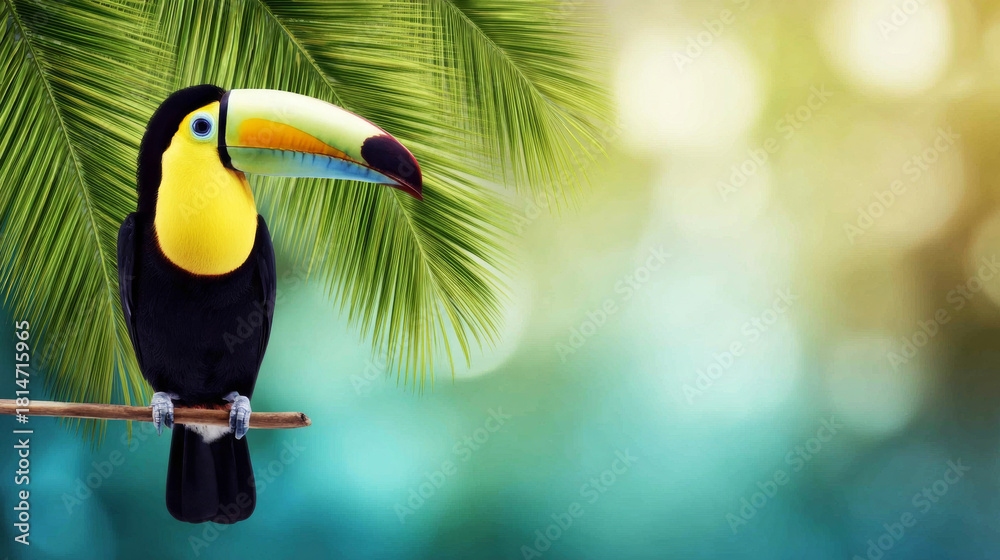 Obraz premium Toucan bird standing on a wooden branch, green palm leaves framing the scene, tropical bokeh light reflecting a jungle party atmosphere