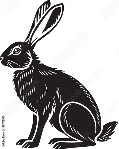 Solid black silhouette of a rabbit sitting with long ears, simple minimal vector clip art, isolated on transparent background. Cute animal symbol.