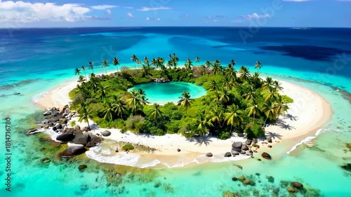 A tropical island surrounded by clear turquoise waters with lush palm trees and a small sandy beach under a bright blue sky