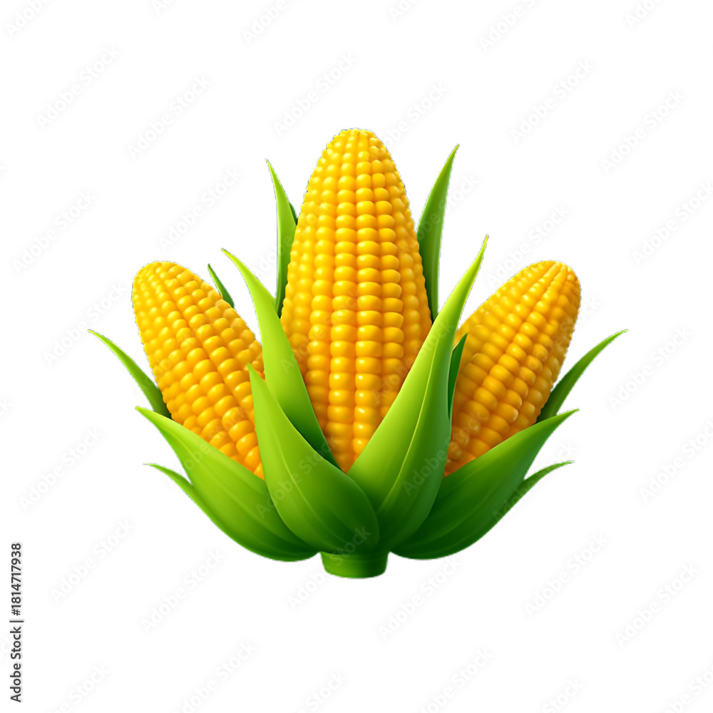Obraz premium 3d icon of three fresh ears of corn with green leaves, isolated on transparent background