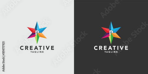 Digital colorful abstract icons, elements and symbols with initial P logo, template