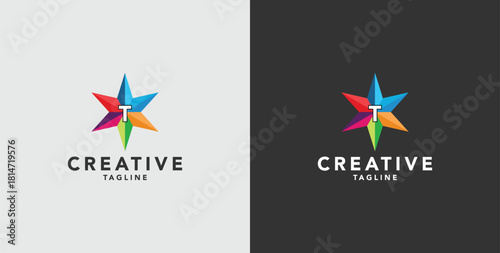 Digital colorful abstract icons, elements and symbols with initial T logo, template