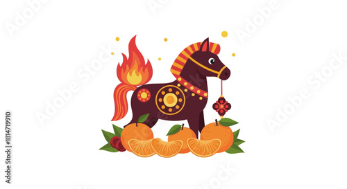 Brown horse with a flaming tail stands over oranges  ornament on a white background