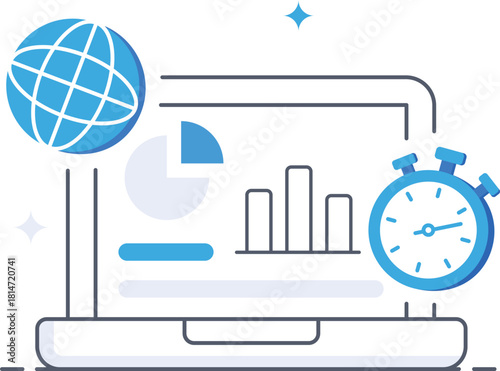 Global project deadline showing charts and timer flat vector illustration