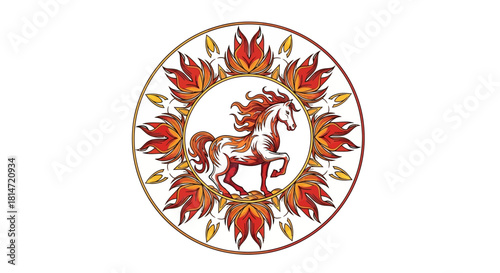 Fire horse in circle w flames Horse painted w flames gold  red Flames surround horse
