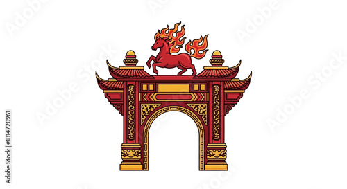 A red  gold Chinese gate topped with a fiery horse intricate designs