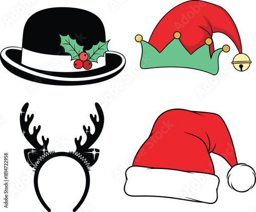 Set of vector christmas hats and headwear: featuring traditional santa hat, cute elf cap with bell, glittering reindeer antlers headband, and classic bowler hat with holly.