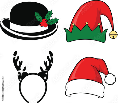 Festive christmas hat collection: set of four holiday headwear including santa hat, elf cap, reindeer antlers, and bowler hat with holly berry.