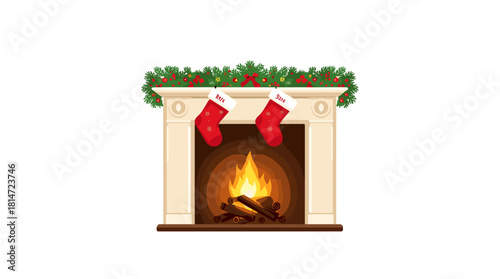 Two red christmas stockings with names above fireplace with garland and fire