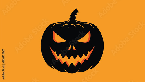 Striking Black Silhouette Jack-O'-Lantern with Glowing Orange Eyes and Teeth on a Vibrant Orange Background for Spooky Halloween Design - AI Generative