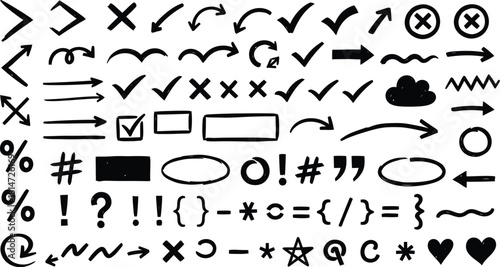 
Comprehensive Hand-Drawn Black Doodle Set Featuring Arrows, Check Marks, Crosses, Shapes, and Essential Symbols for Annotation and Design - AI Generative