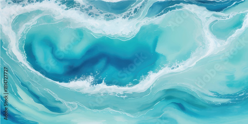 A vibrant blue water background featuring a heart-shaped reflection on the clear ocean surface with abstract waves