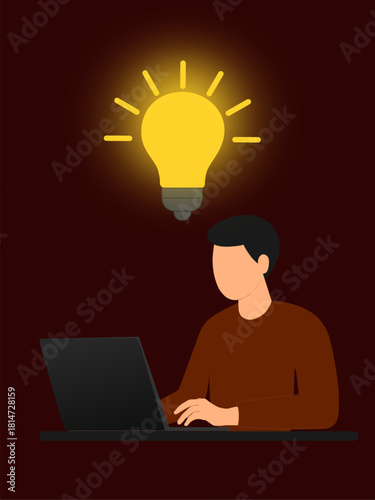 Creativity and idea generation at work. Working on a laptop and inspiration. A light bulb symbolizes the emergence of a new idea or insight.