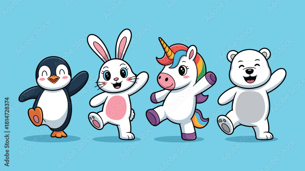 Obraz premium Four cute cartoon animals including a penguin, bunny, unicorn, and polar bear dancing together Keywords: penguin, bunny, rabbit, unicorn, polar bear, animal, cartoon, cute, illustration, character