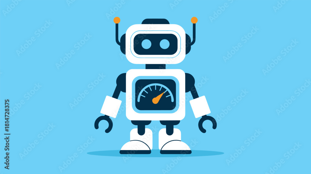 Fototapeta premium A friendly cartoon robot with a speedometer on its chest against a blue background Keywords: robot, android, machine, technology, AI, artificial intelligence, futuristic, mechanical, character