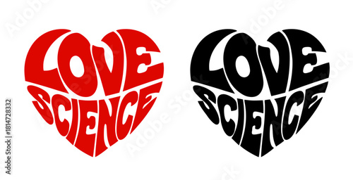 Heart-shaped sticker set featuring "Love science" in colorful and black design. 