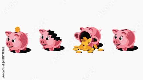 Four cartoon pink piggy banks with different expressions and actions on a white background saving money