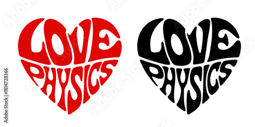 Heart-shaped sticker set featuring "Love physics" in colorful and black design