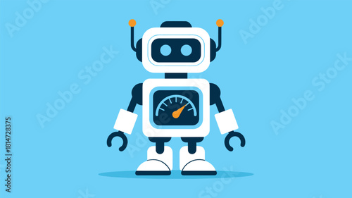A friendly cartoon robot with a speedometer on its chest against a blue background Keywords: robot, android, machine, technology, AI, artificial intelligence, futuristic, mechanical, character