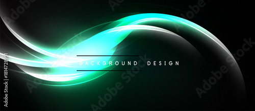 Abstract dark background features flowing turquoise lines. Modern design evokes energy, movement, sophistication. Minimalist aesthetic.