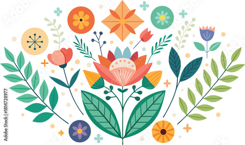 Vibrant folk art floral composition with diverse flowers and leaves on white Keywords: floral, folk art, composition, flowers, leaves, buds
