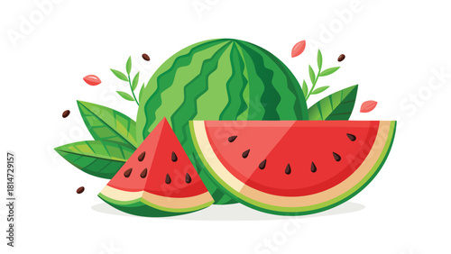 Watermelon Slices And Whole Fruit With Green Leaves And Seeds Keywords: watermelon, fruit, food, summer, fresh, juicy, red, green, slice, slices